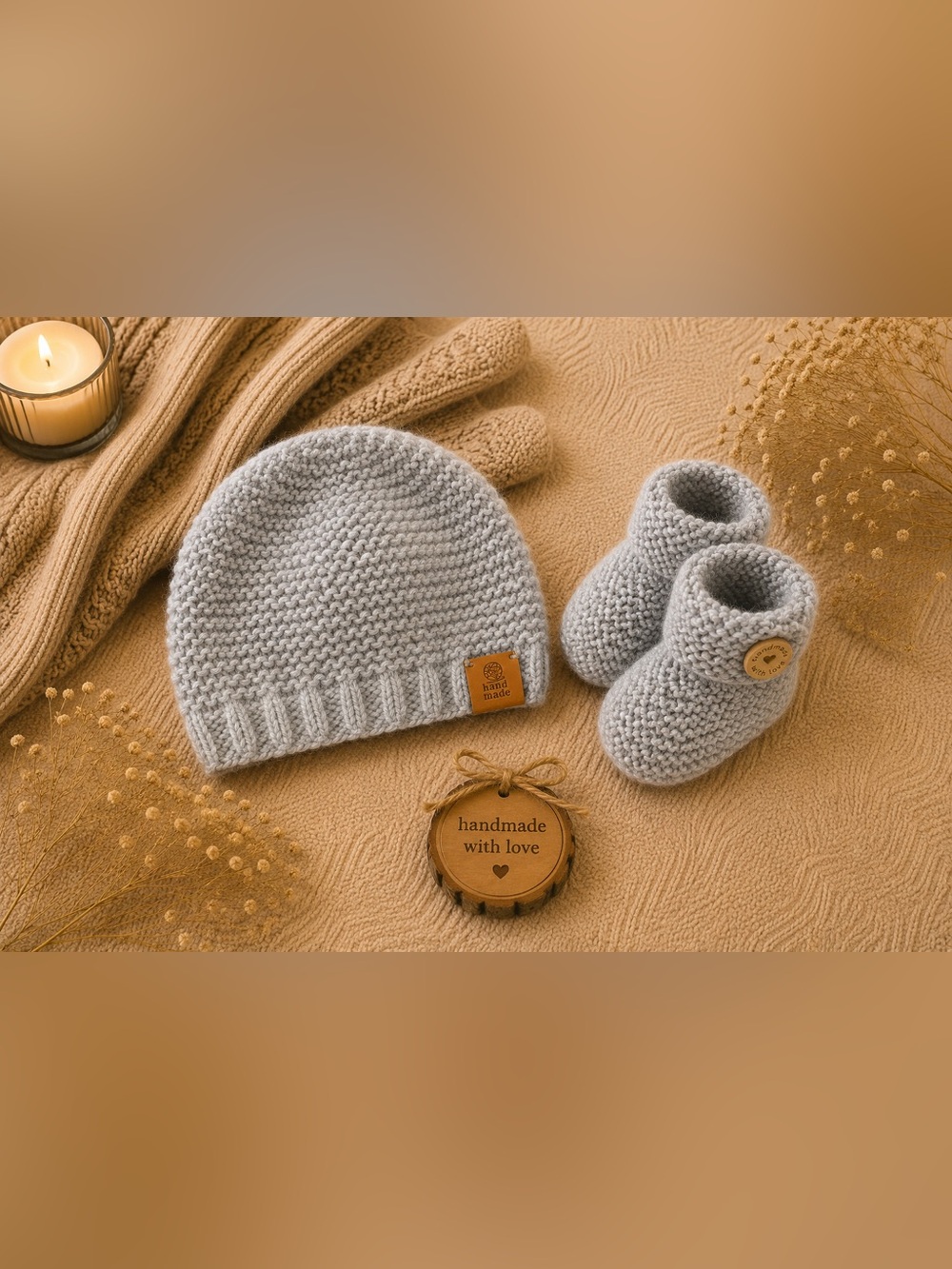 Handmade Light Gray Knit Beanie and booties
